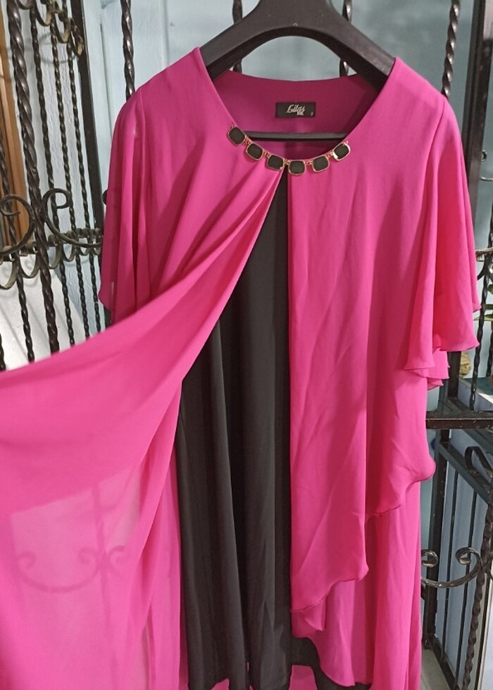 Fuşya Kolları Valonlu Kesim Elbise - Görsel 2