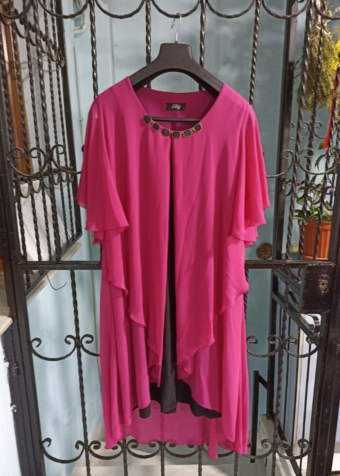 Fuşya Kolları Valonlu Kesim Elbise - Görsel 4