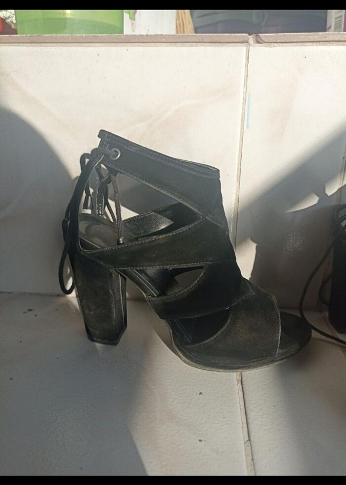 Süet İp Bağlama Topuklu Ayakkabı - Görsel 3