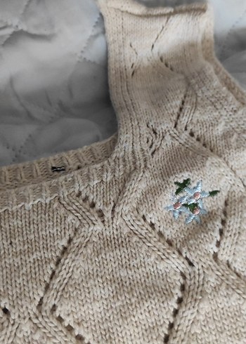 Nakışlı Bej Örgü Straplez Kadın Süveter - Görsel 5