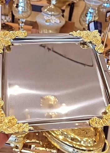 6 Adet gold detaylı paslanmaz sunum tepsisi 