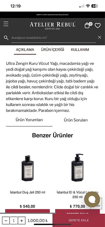 Beden Atelier Rebul vücut yağı