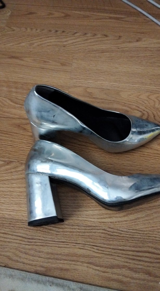 Gri Metalik Blok Topuklu Minimalist Stiletto - Görsel 2