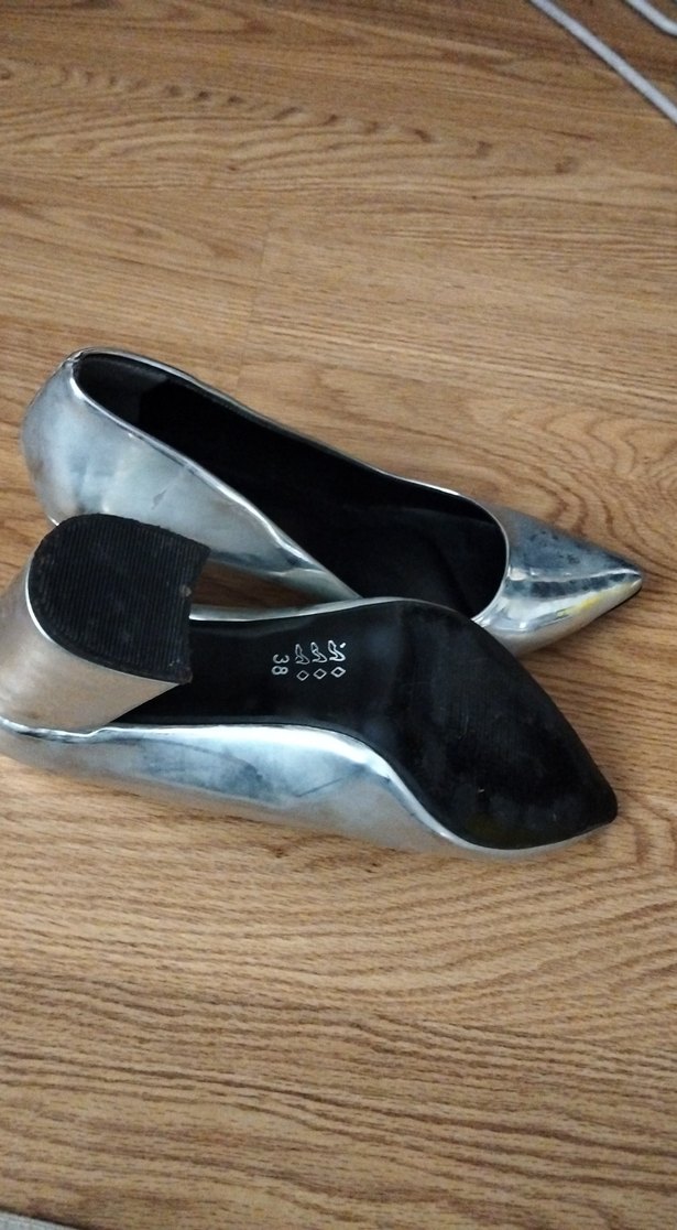 Gri Metalik Blok Topuklu Minimalist Stiletto - Görsel 3