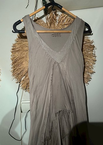 Bej V Yaka Salaş Uzun Elbise - Görsel 3