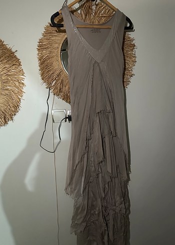 Bej V Yaka Salaş Uzun Elbise - Görsel 2