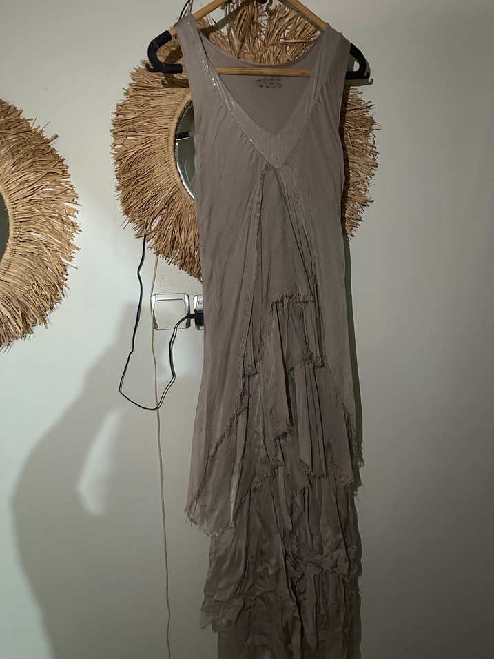 Bej V Yaka Salaş Uzun Elbise - Görsel 2