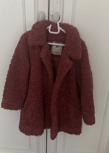 Gül kurusu Düğmeli Midi Peluş Kabanı - Görsel 4