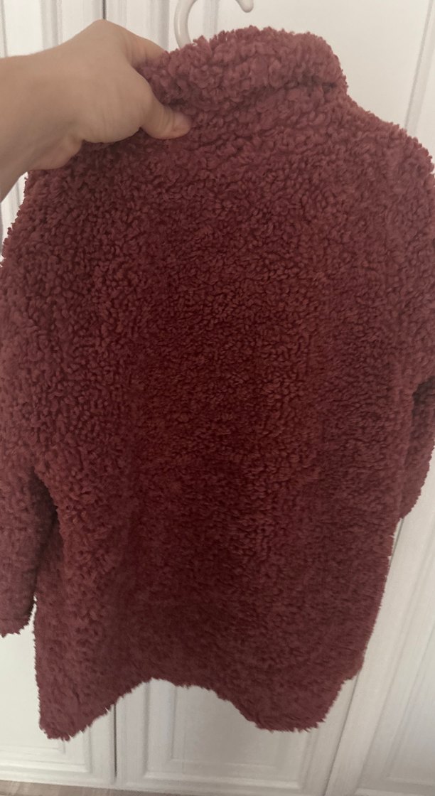 Gül kurusu Düğmeli Midi Peluş Kabanı - Görsel 5