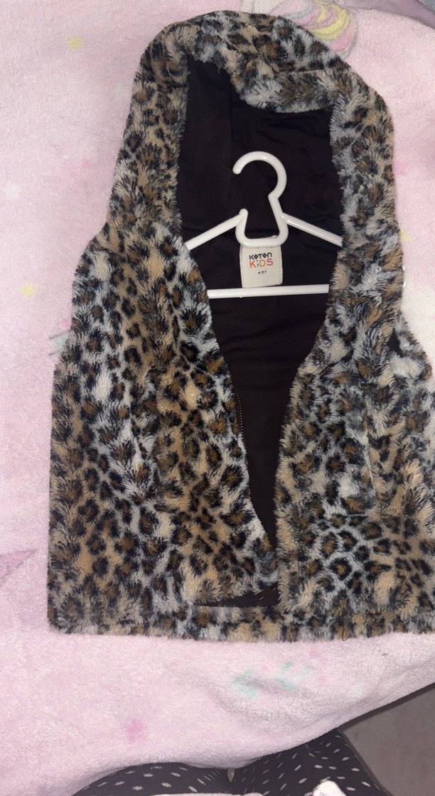 Kahverengi Leopar Desenli Kürk Detaylı Kız Yeleği - Görsel 2