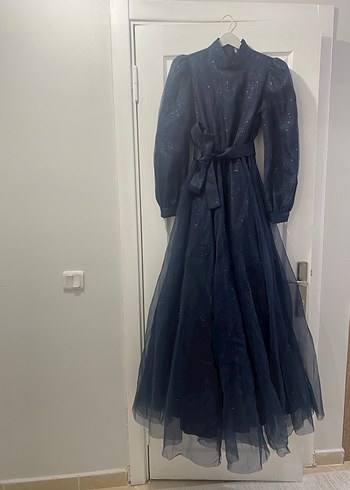 Lacivert Drapeli Gotik Uzun Abiye Elbise - Görsel 2