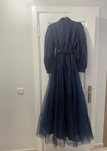 Lacivert Drapeli Gotik Uzun Abiye Elbise - Görsel 5