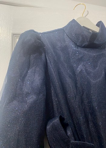 Lacivert Drapeli Gotik Uzun Abiye Elbise - Görsel 3