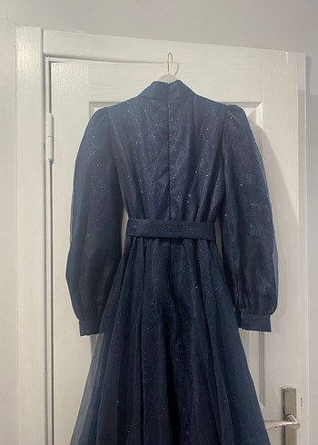 Lacivert Drapeli Gotik Uzun Abiye Elbise - Görsel 4