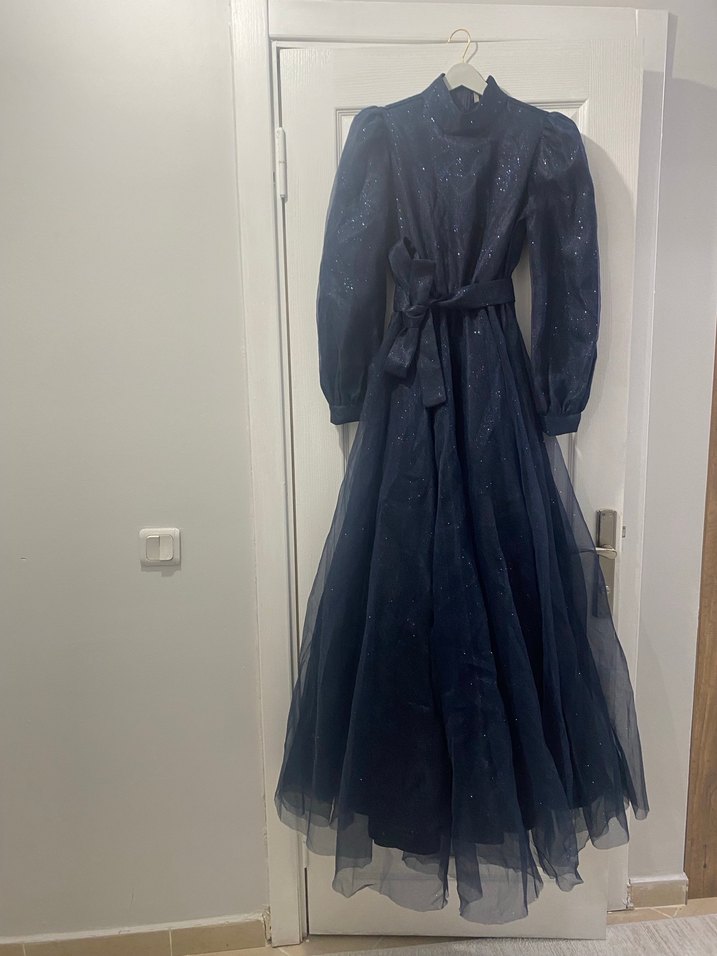 Lacivert Drapeli Gotik Uzun Abiye Elbise - Görsel 2