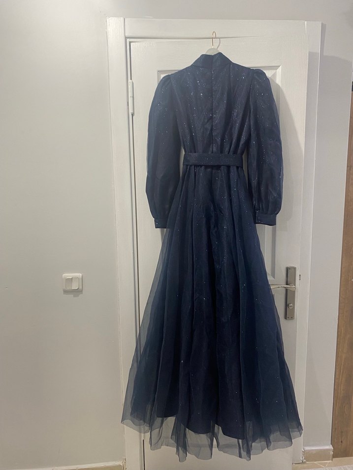 Lacivert Drapeli Gotik Uzun Abiye Elbise - Görsel 5