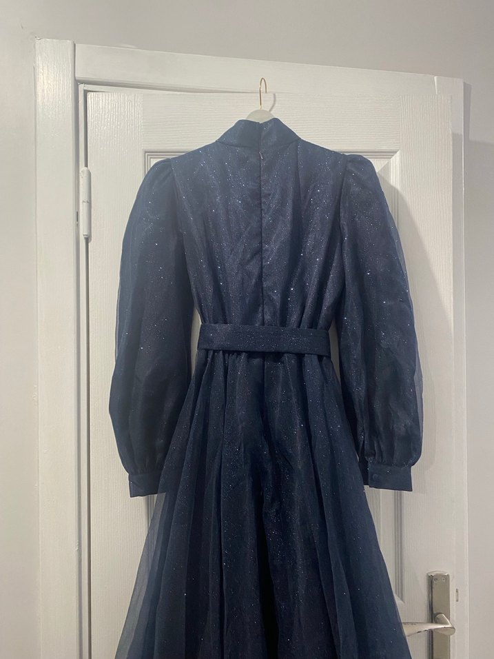 Lacivert Drapeli Gotik Uzun Abiye Elbise - Görsel 4