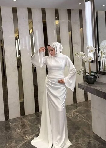Uzun Beyaz Tesettür Abiye Elbise - Görsel 2