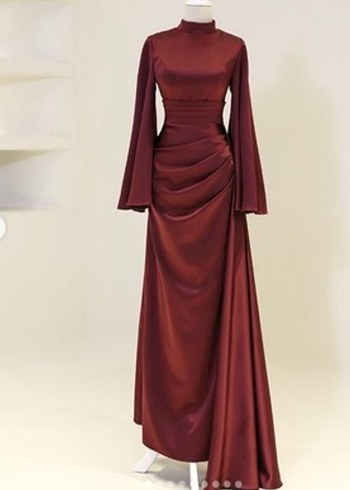 Bordo Uzun Kollu Drapeli Abiye Elbise - Görsel 2