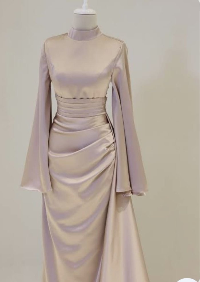 Bej Uzun Kollu Drapeli Abiye Elbise - Görsel 2