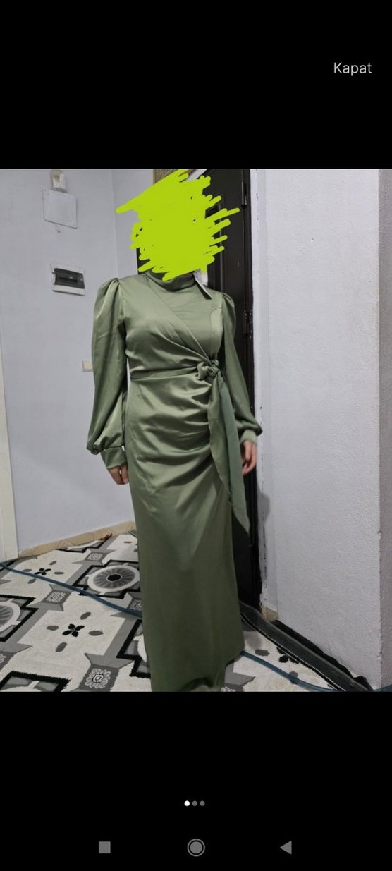 Haki Uzun Drapeli Kadın Elbise - Görsel 1