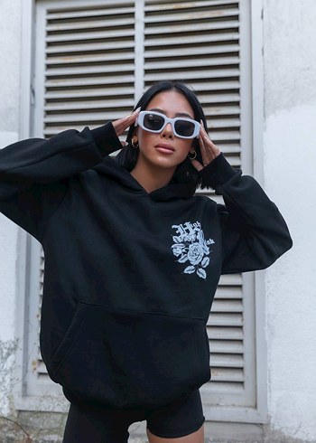 Diğer Siyah Kapüşonlu Baskılı Salaş Sweatshirt