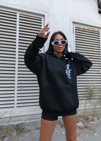 s Beden Siyah Kapüşonlu Baskılı Salaş Sweatshirt