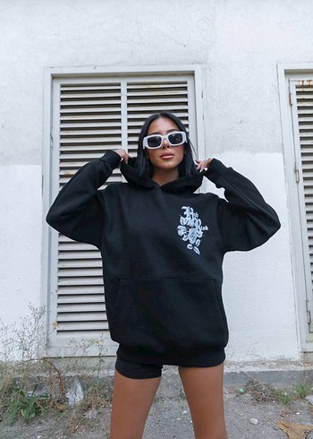 s Beden siyah Renk Siyah Kapüşonlu Baskılı Salaş Sweatshirt