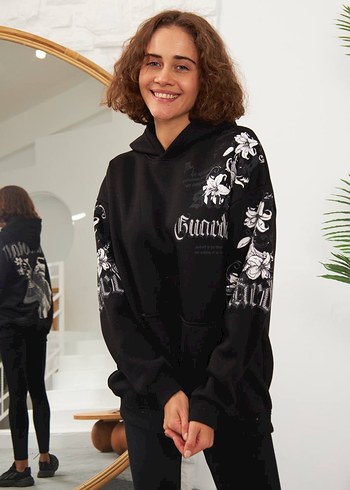 s Beden Kadın Siyah Baskılı Kapüşonlu Streetwear Ceket