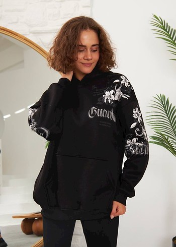 Diğer Kadın Siyah Baskılı Kapüşonlu Streetwear Ceket