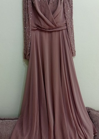 sütlü kahve Nakışlı Uzun Kollu Abiye Elbise - Görsel 3