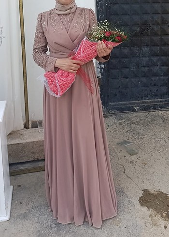 sütlü kahve Nakışlı Uzun Kollu Abiye Elbise - Görsel 2