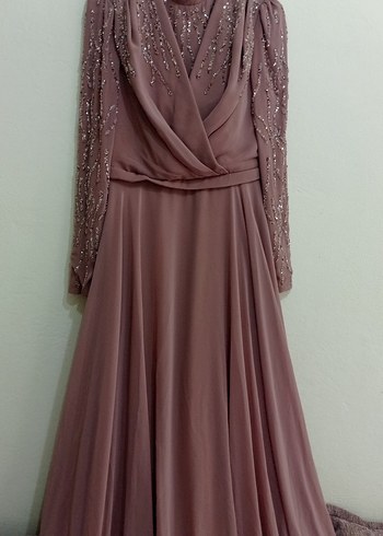 sütlü kahve Nakışlı Uzun Kollu Abiye Elbise - Görsel 5