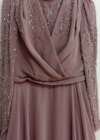 sütlü kahve Nakışlı Uzun Kollu Abiye Elbise - Görsel 4