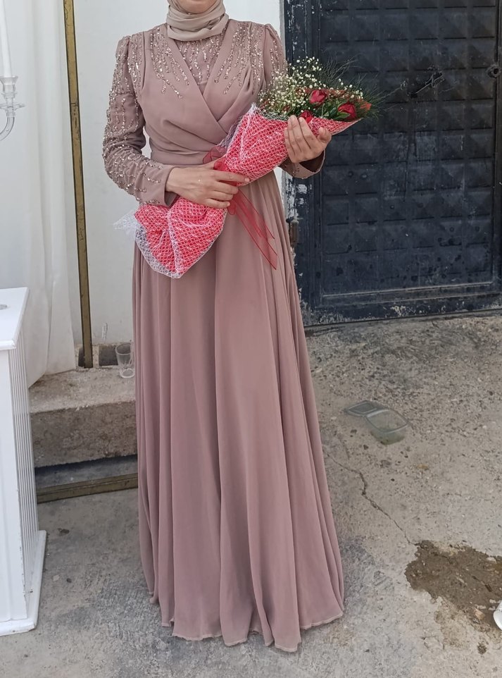 sütlü kahve Nakışlı Uzun Kollu Abiye Elbise - Görsel 2