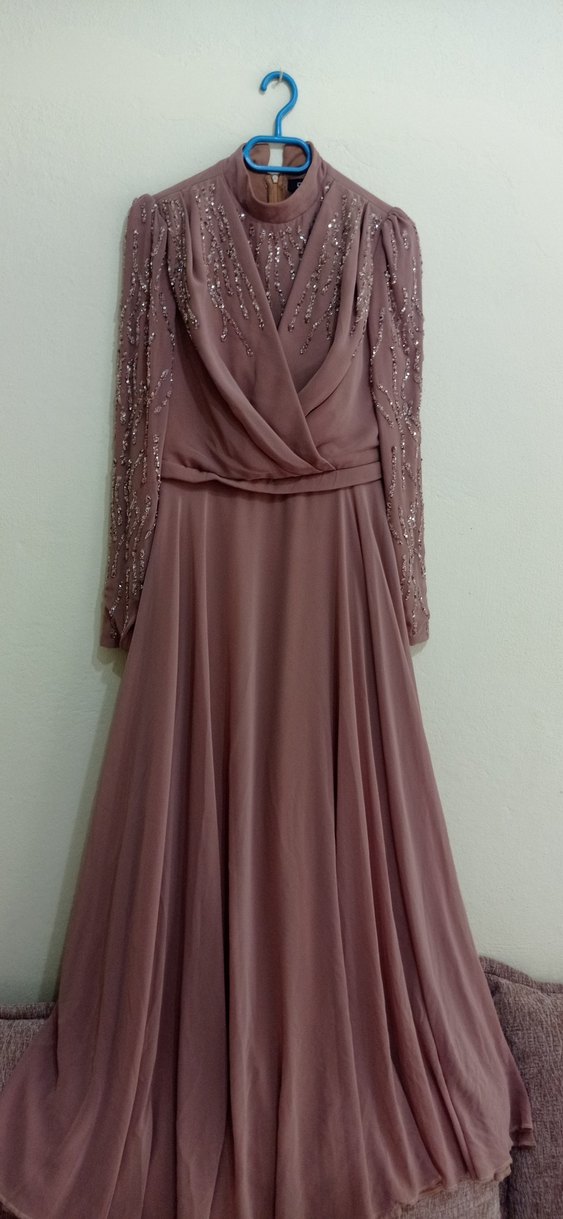 sütlü kahve Nakışlı Uzun Kollu Abiye Elbise - Görsel 5