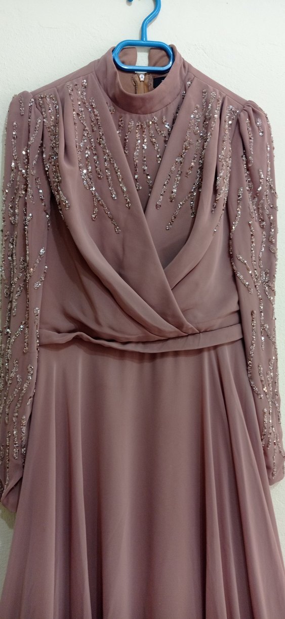 sütlü kahve Nakışlı Uzun Kollu Abiye Elbise - Görsel 4