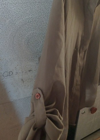 Bej Düğmeli Uzun Kollu Keten Kadın Gömlek - Görsel 5