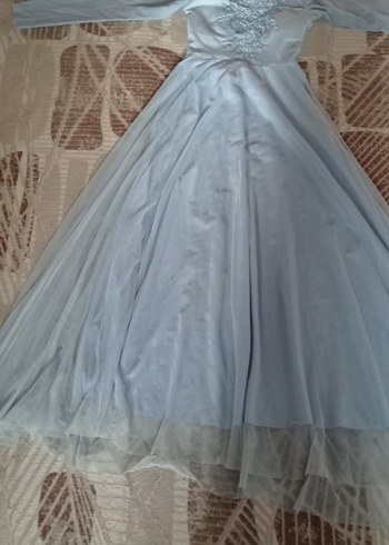 Uzun Kollu Mavi Nakışlı Drape Uzun Abiye - Görsel 2