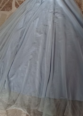 Uzun Kollu Mavi Nakışlı Drape Uzun Abiye - Görsel 3