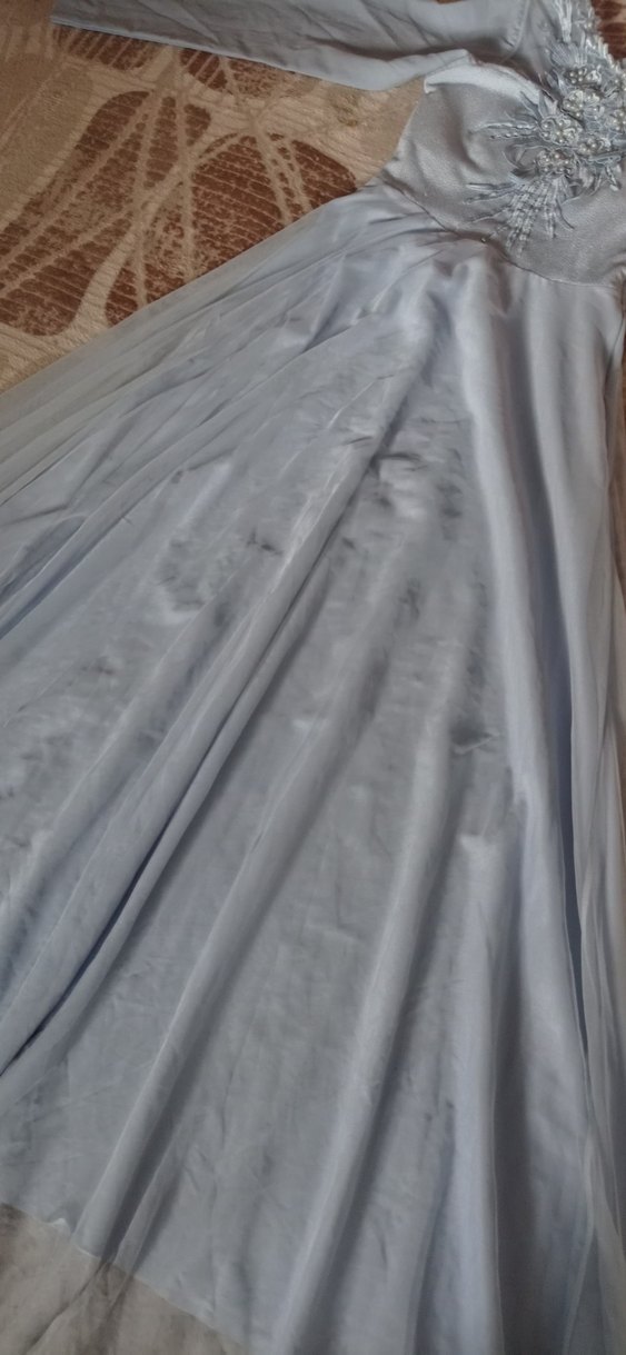 Uzun Kollu Mavi Nakışlı Drape Uzun Abiye - Görsel 4