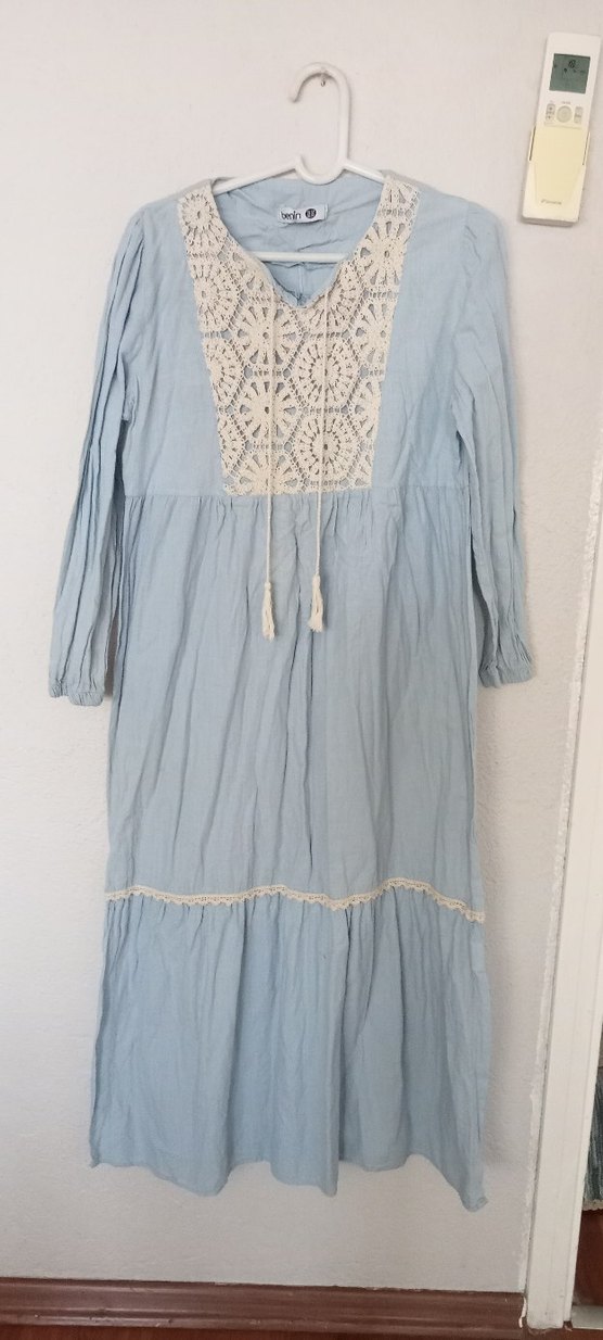 Mavi Dantel Detaylı Uzun Bohem Elbise - Görsel 4