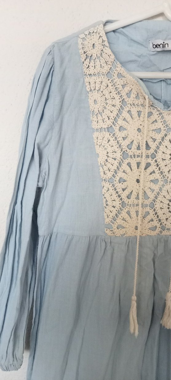 Mavi Dantel Detaylı Uzun Bohem Elbise - Görsel 3