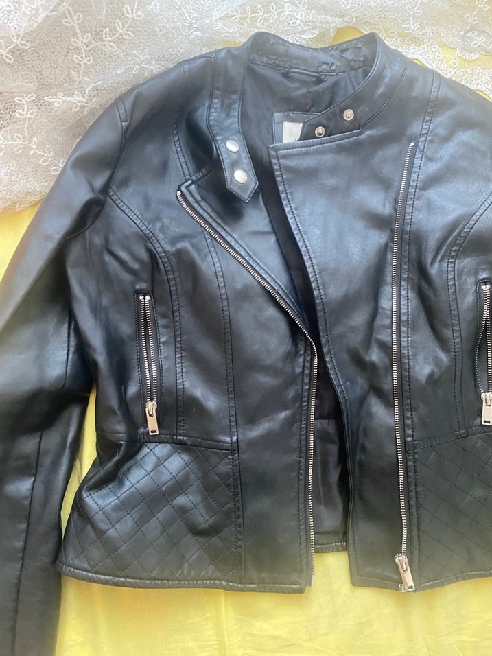 Kadın Siyah Deri Biker Ceket - Görsel 2