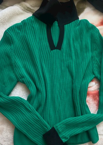 Yeşil Yüksek Yaka Fitilli Triko Kazak - Görsel 2