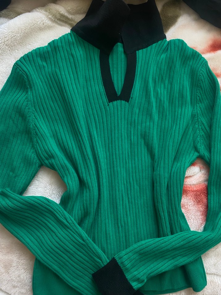 Yeşil Yüksek Yaka Fitilli Triko Kazak - Görsel 2