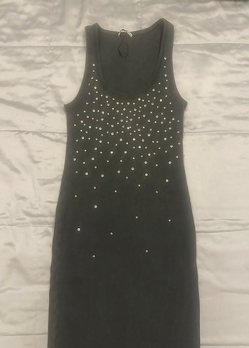 Zara Zara Boncuk Detaylı Gri Uzun Triko Elbise