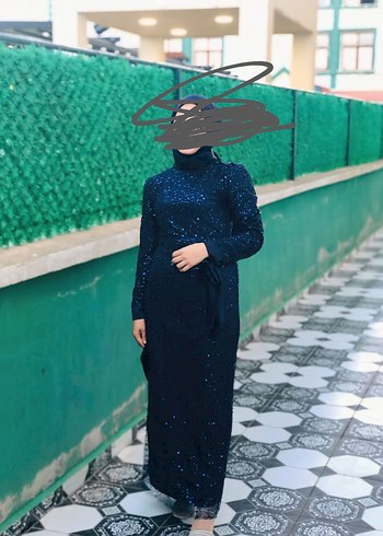 Uzun Kollu Drapeli Lacivert Abiye Elbise