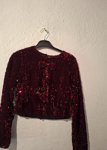 Bordo Payetli Uzun Kollu Bolero