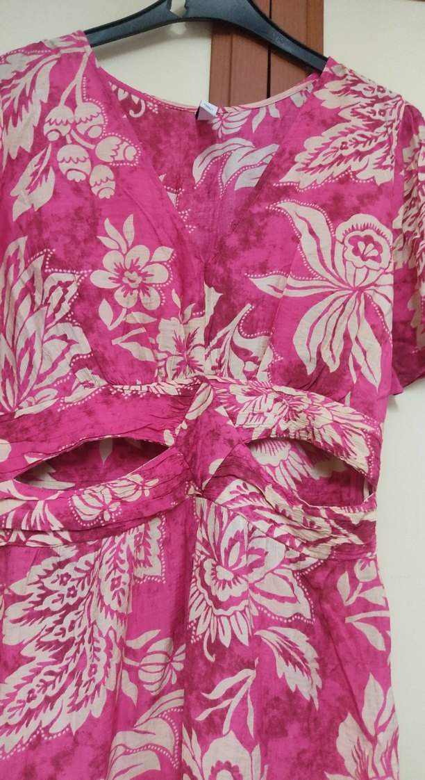 Pembe V Yaka Bohem Uzun Elbise - Görsel 3